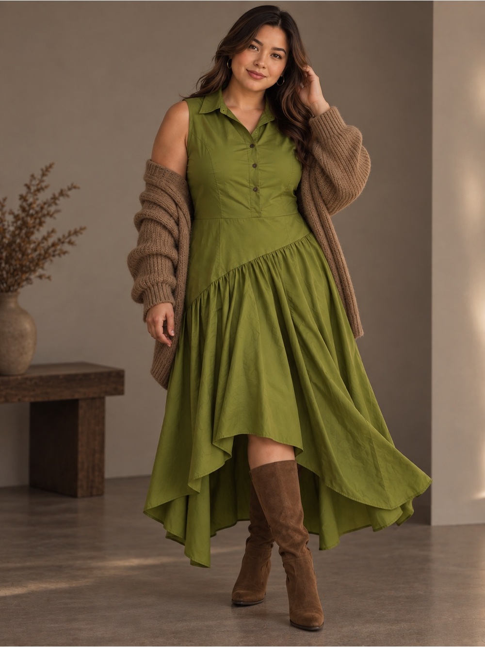 Women’s Olive Green Asymmetrical High-Low Sleeveless Midi Dress Sz Large